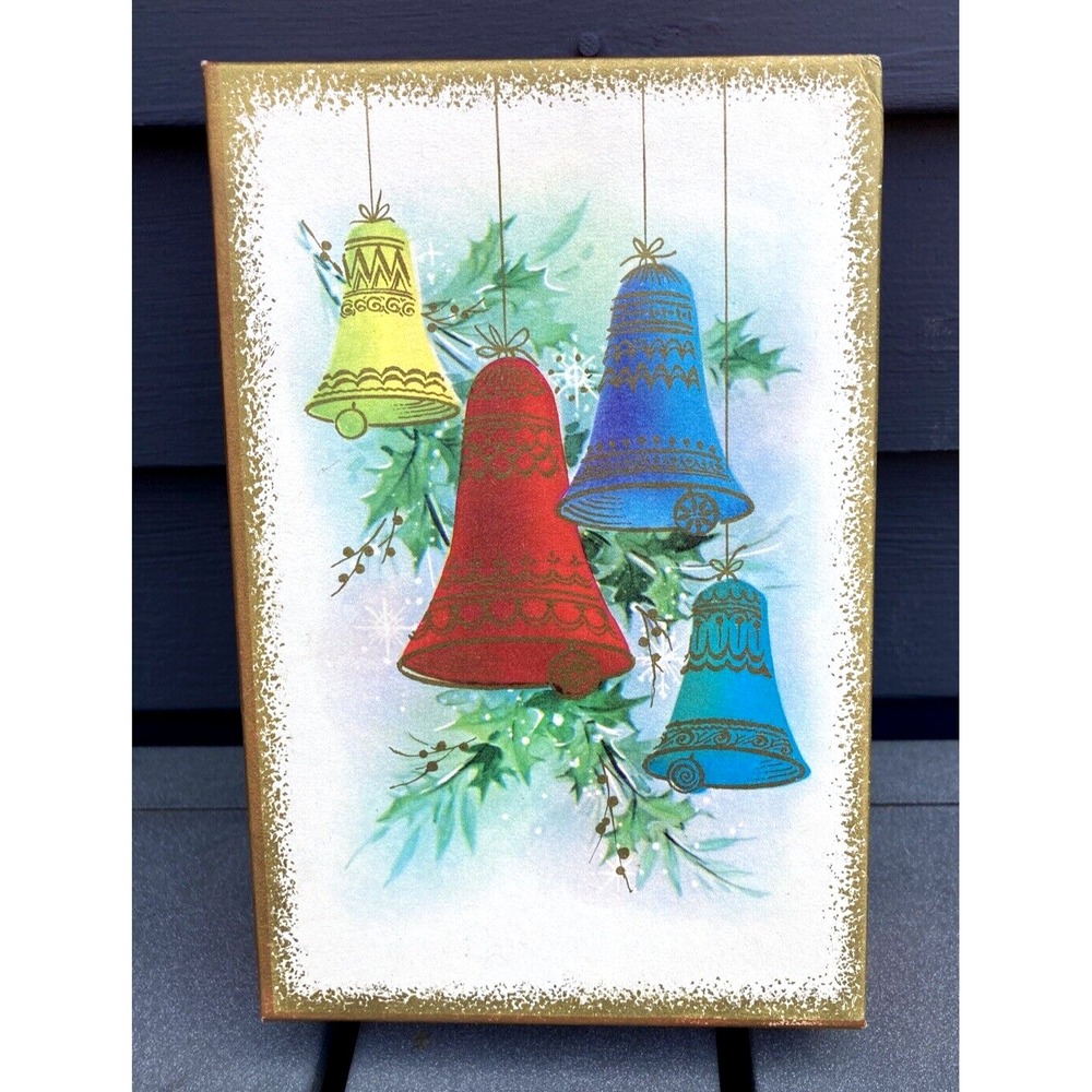Vintage Christmas decor empty card box Royal Satin colored bells gold trim 1960s